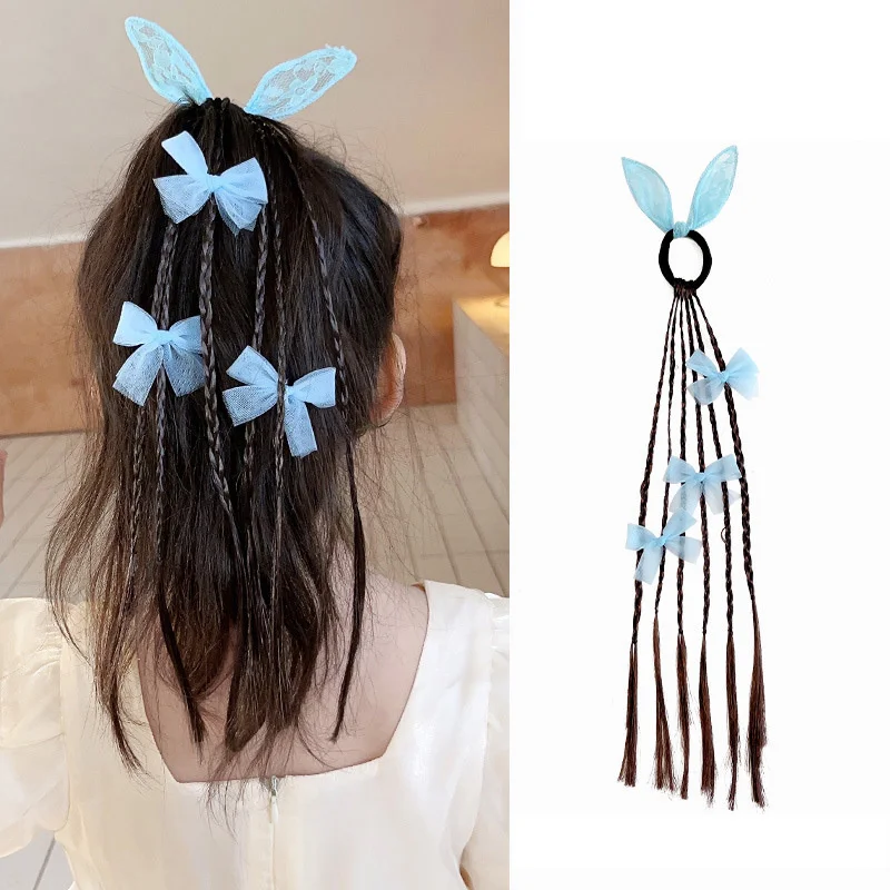 1PC Girls Bow Rabbit Ears Wigs Ponytail Headbands Rubber Bands Hair Bands Lovely Headwear Kids Hair Accessories Hair Ornament