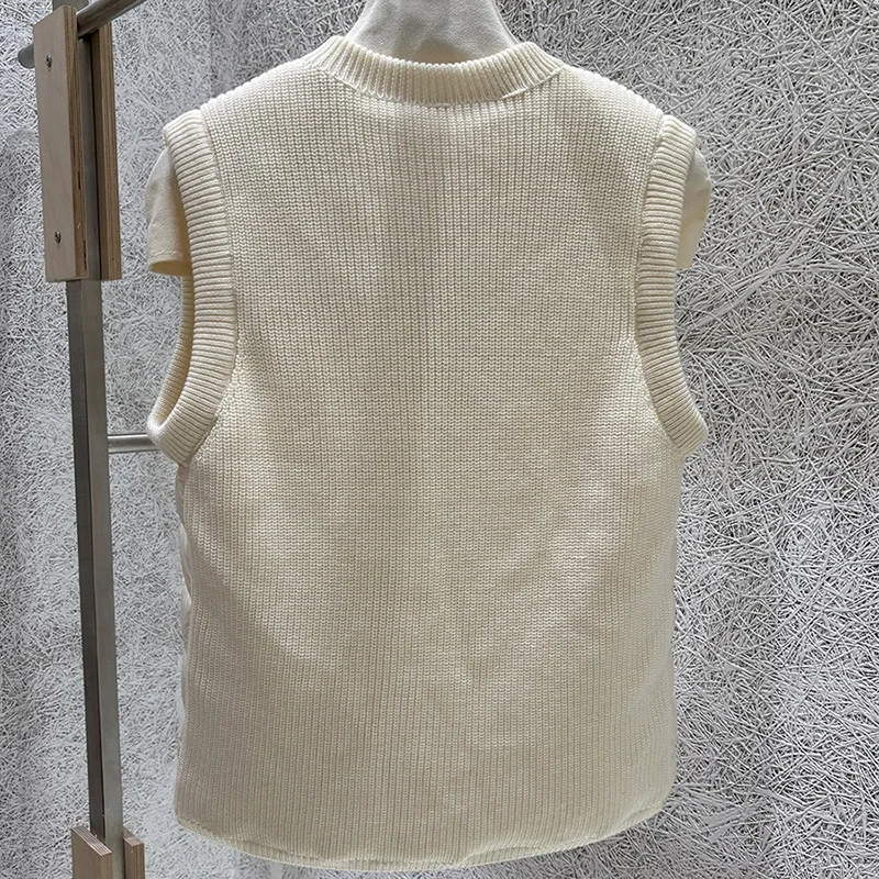 Schinteon Women White Duck Down Vest O-Neck Collar Slim Sleeveless Jacket Autumn Winter Knitted Patchwork Top Gielt 2026 New