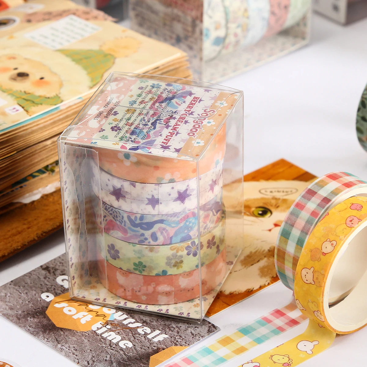 秋の漫画風和紙テープ 5 ロール、クリエイティブな花柄、星空、海洋生物のデザインの装飾テープ、絶妙な