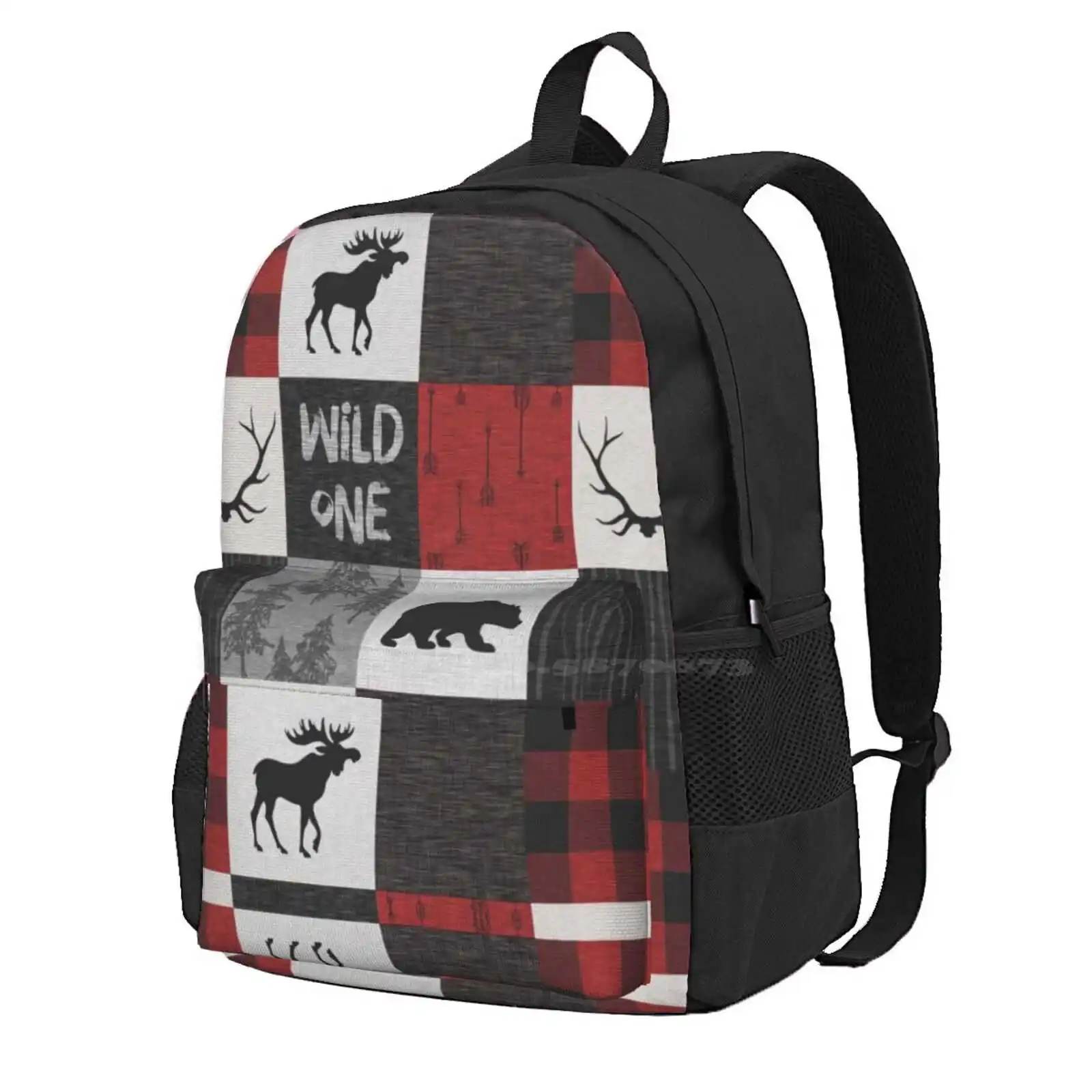 Wild One Woodland Patchwork- Red, Black, Grey Hot Sale Schoolbag Backpack Fashion Bags Wild One Woodland Patchwork Moose Deer