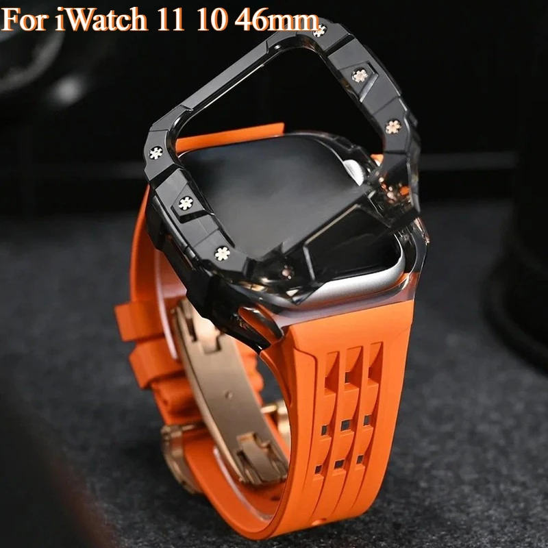 

Роскошный прозрачный комплект модификации, ремешок из фторкаучука + чехол для Apple Watch 11, 10, 46 мм, аксессуары с металлической пряжкой-бабочкой