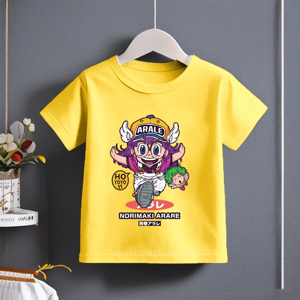 Summer 2024 New Arale Comic Cartoon Print T-shirt Boys Girls Cotton Casual Stylish Short Sleeve Kids Wear