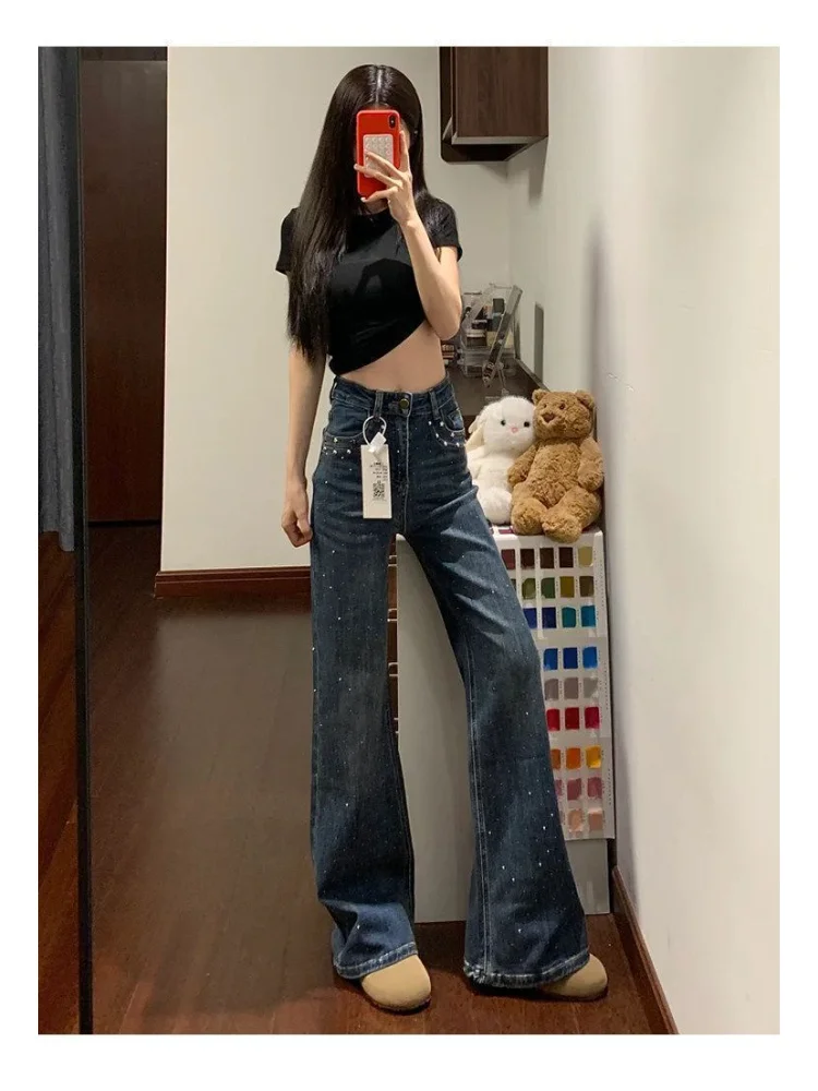 Mid-length Hotfix Flare Skinny Jeans Women Casual New Slim High Waist Pants Premium Personalized Minority Pant
