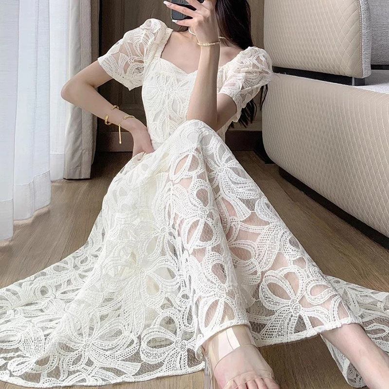 Large lace dress, summer French style, gentle style, square neck, bubble sleeves, long  vestido feminino  LOOSE FIT