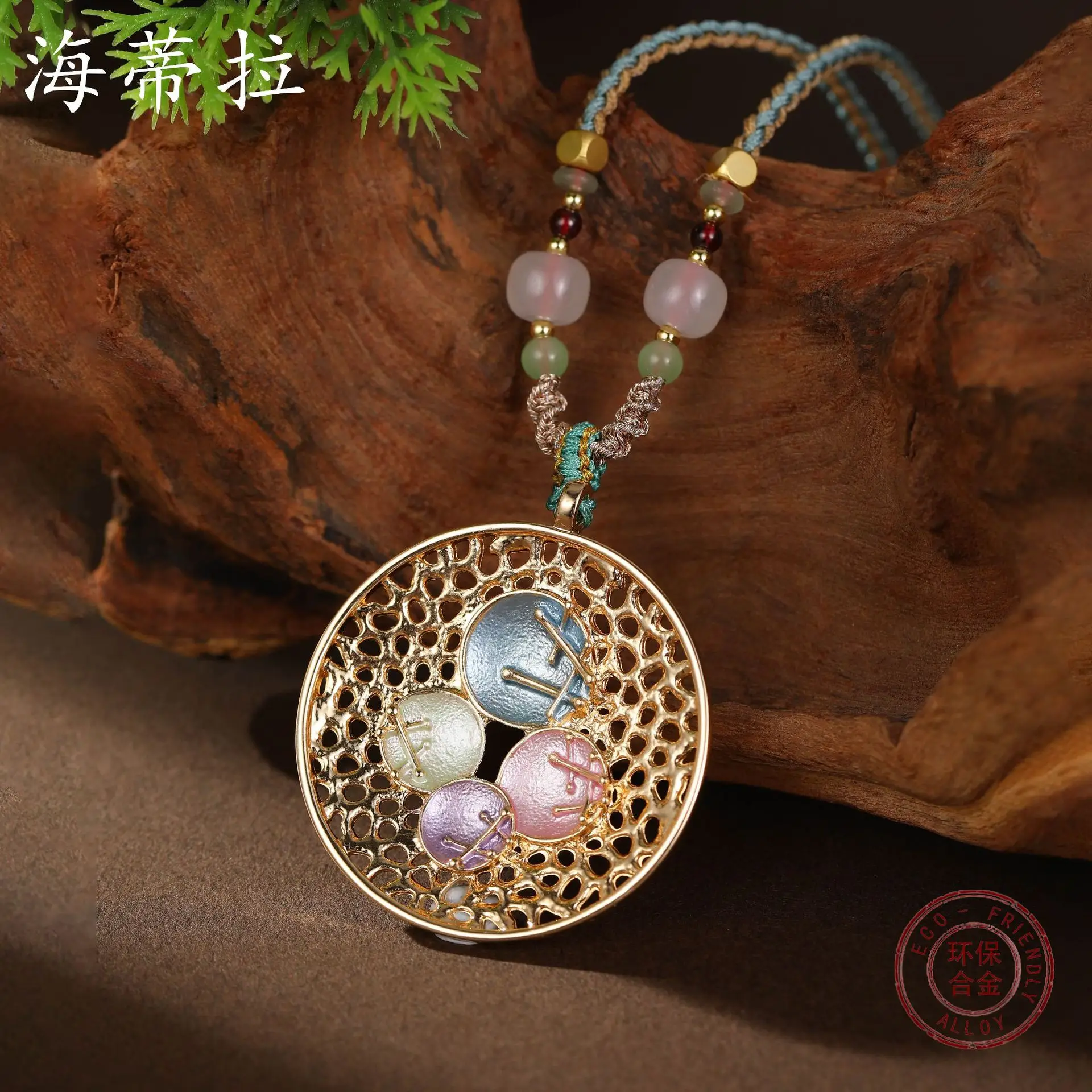 new enamel color round hollow geometric petal braided rope long pendant, women's retro long necklace