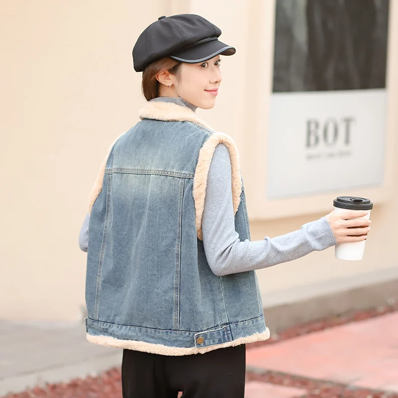 Plus Velvet Winter Vests Casual Short Denim Tops Thicken Fall Warm Sleeveless Jackets Boyfriend Blue Plush Jean Waistcoat