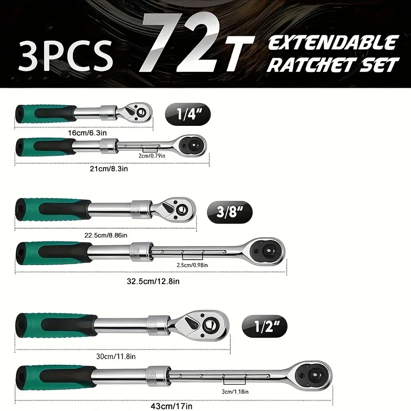 1/4 3/8 1/2 Inch Retractable Ratchet Set Drive Rotating Ratchet Reversible Drive 72 Tooth Socket Wrench Mechanical Tool