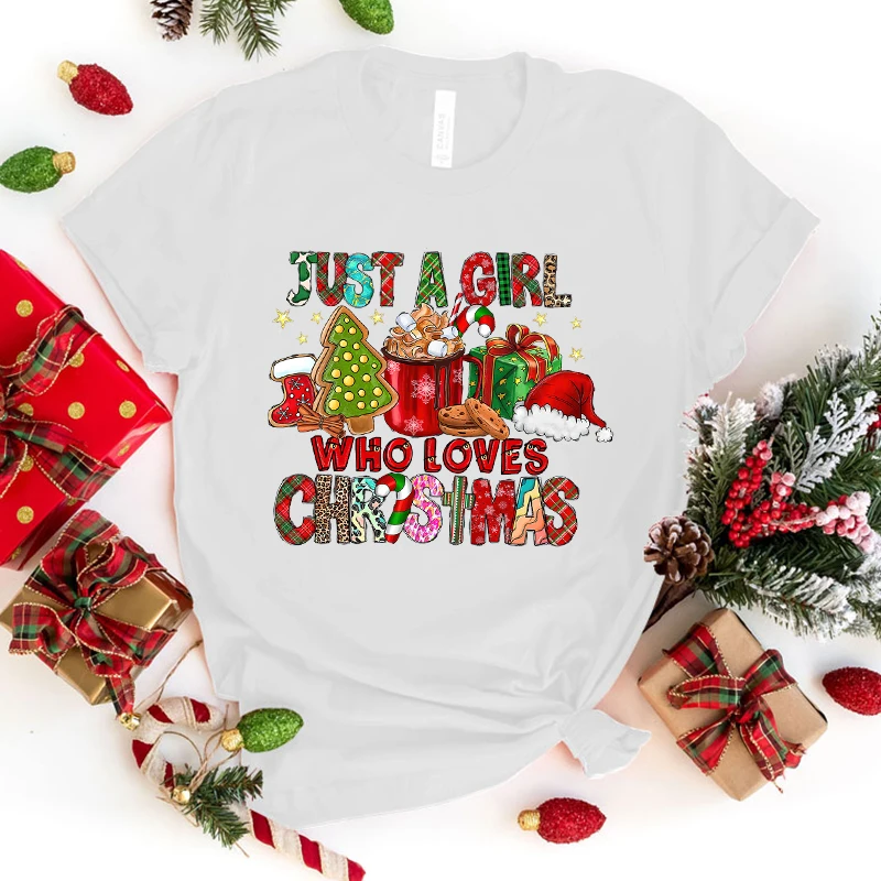 

Fashion Just A Girl Who Loves Christmas Printed T-Shirts Retro Style Women Shirt Tee Just A Girl Who Loves Christmas Graphic T