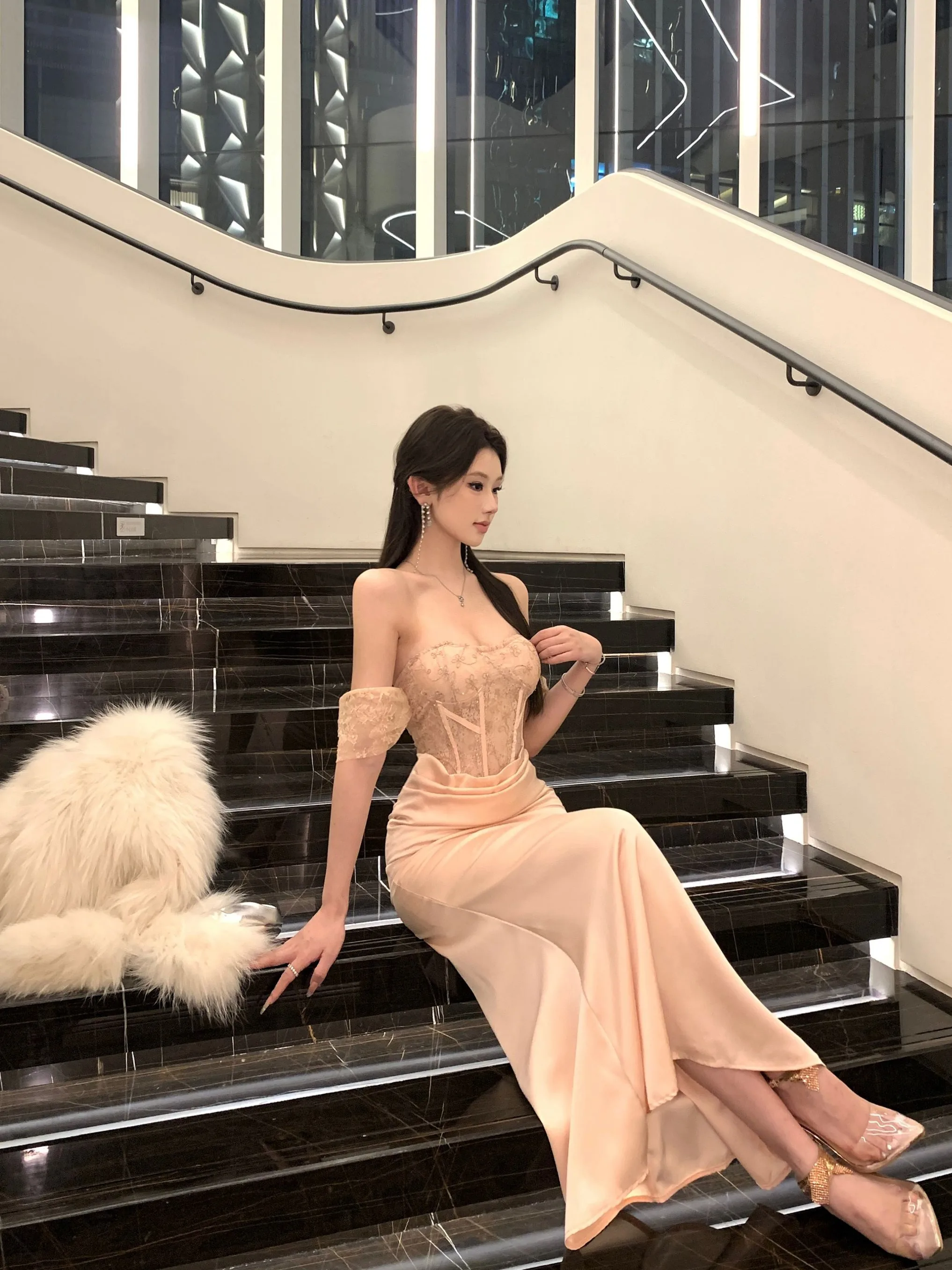 Menina picante renda retalhos noite dr um oulder cintura alta a linha saia longa coreano sle outono nova faion feminino dr