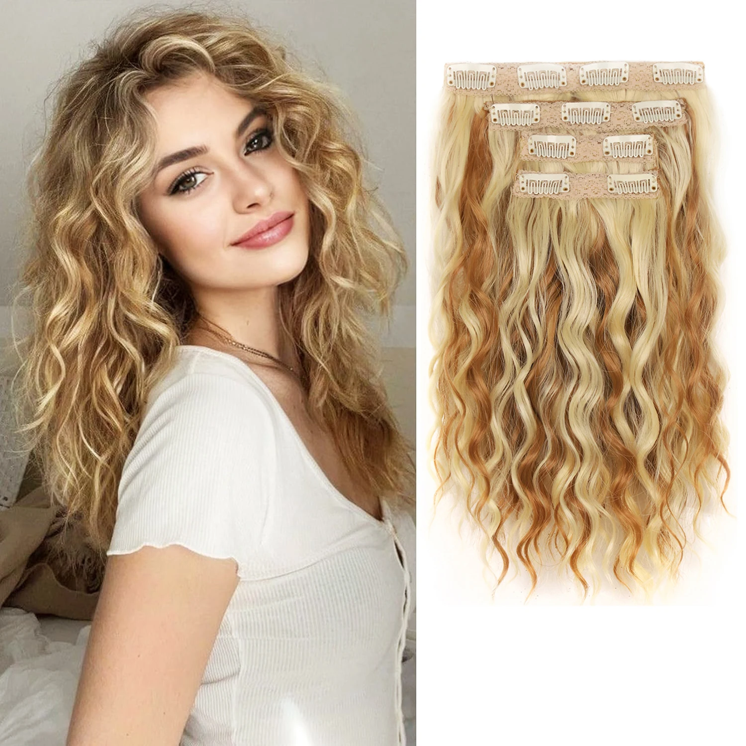 4PCS Synthetic Hair Extensions 14inch Short Curly Wavy Brown Blonde Invisible Lace Weft Natural Soft Hairpieces for Women