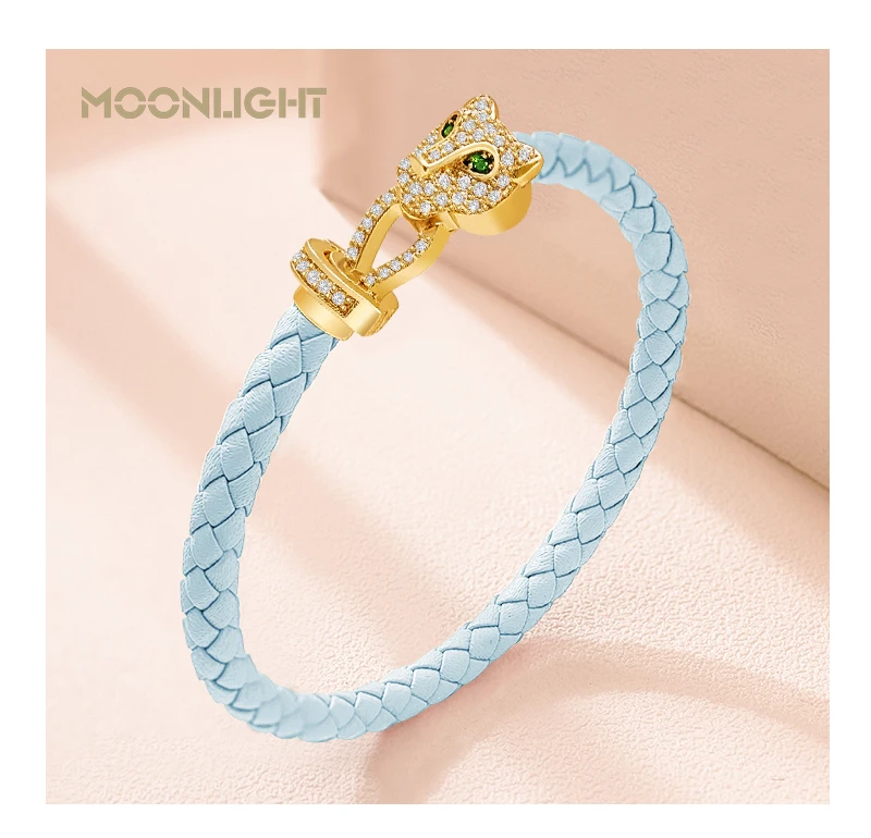 MOONLIGHT Classic Design Exquisite Cheetah Zircon Bracelet for Women Braided Leather Bracelet Quality Banquet Couples Gift