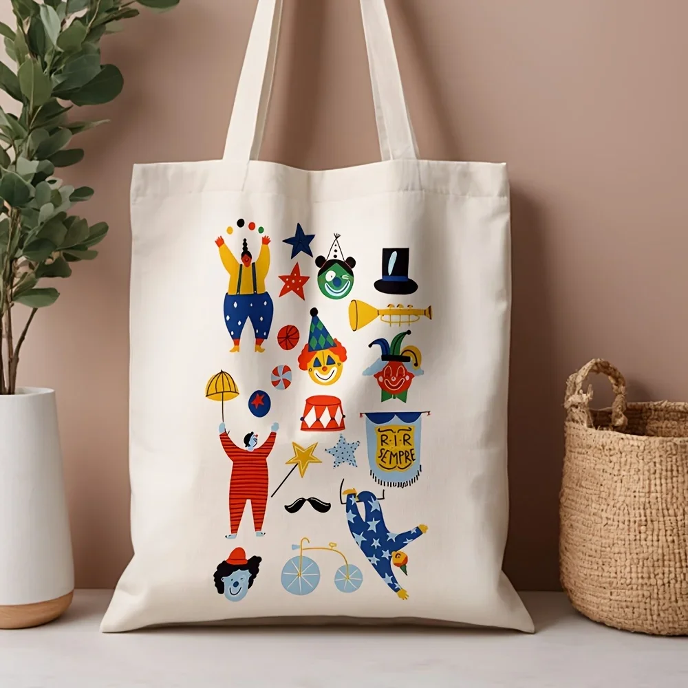 1pc, Circus Theme Canvas Tote Bag Reusable Grocery Bags (35.05cm x 40.13cm), Fun Clown and Star Design Shoulder Bag for Daily Sh