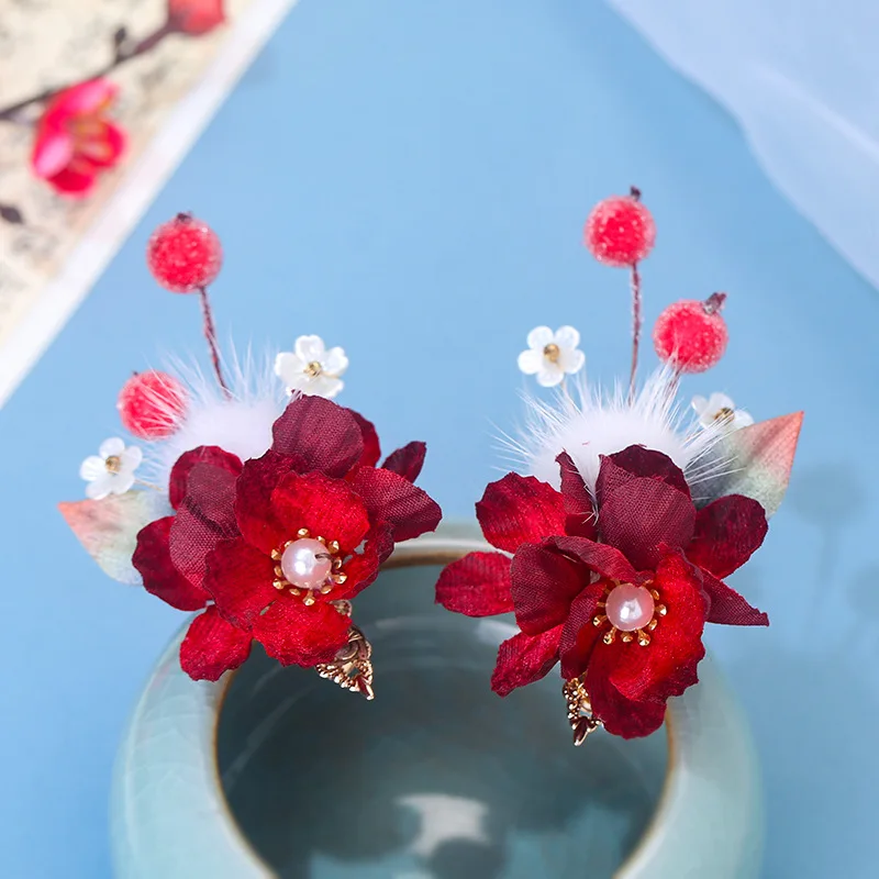 

2PCS Chinese Red Flower Hairpin Hair Clips Ancient Party Barrettes Head Jewelry Vintage Hanfu Wedding Hair Accessories Gifts