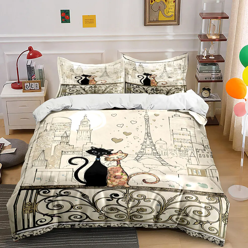 

Romantic Cats with Eiffel Tower Pattern Duvet Cover Set Digital Print Colorful Polyester Bedding with Zipper Closur for gifts