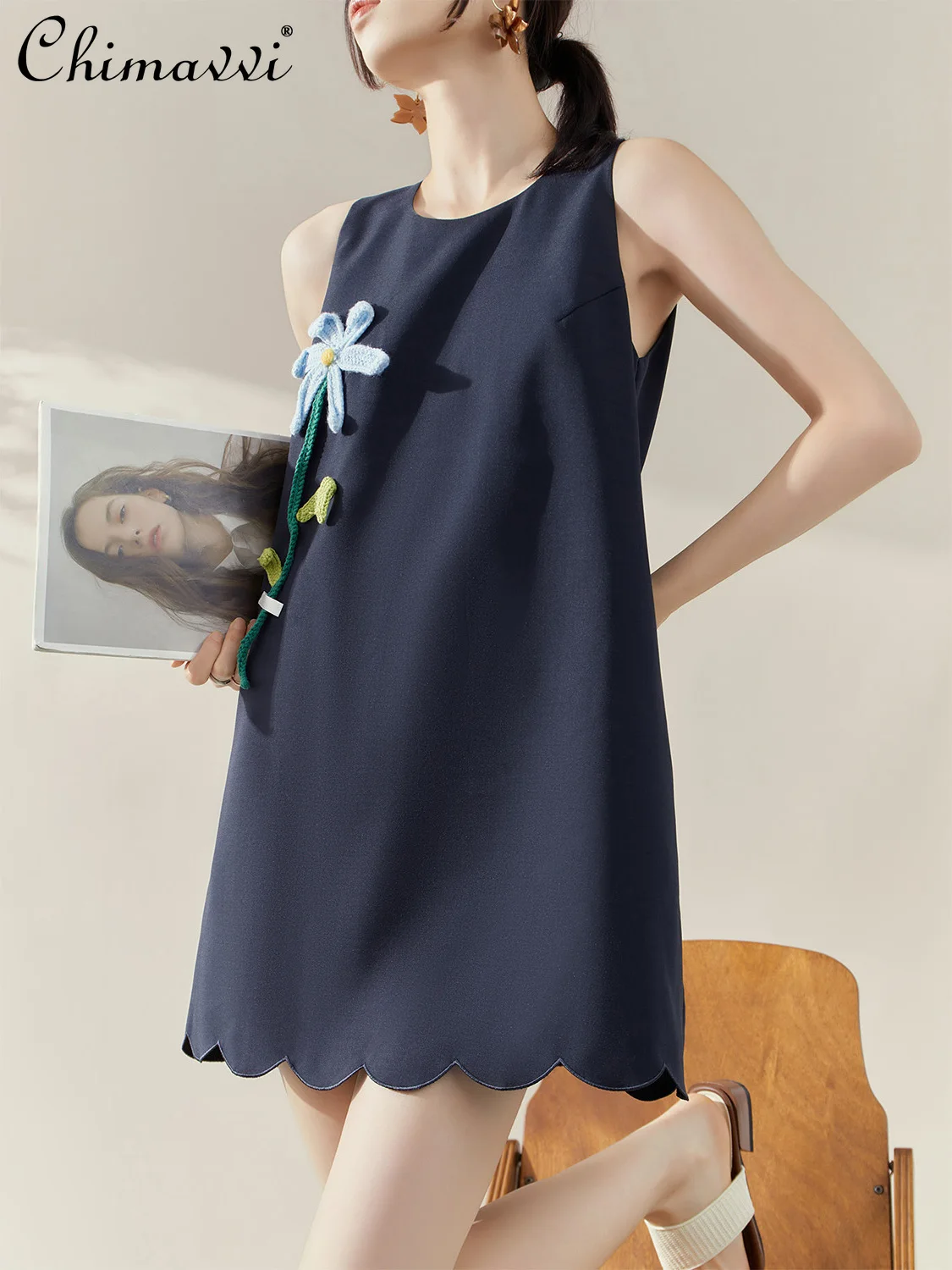 

French Elegant Temperament Crocheted 3D Flower Tank Dress Round Neck Sleeveless High Waist A-line Loose Casual Midi Dress Women