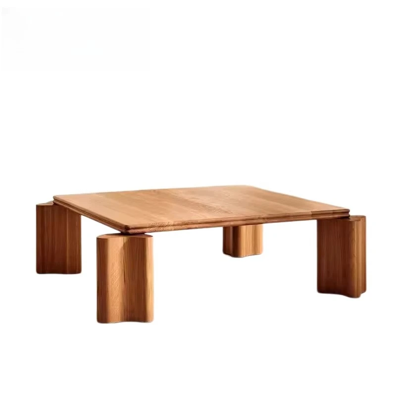 Marble top square coffee table wooden legs large size modern natural wood design