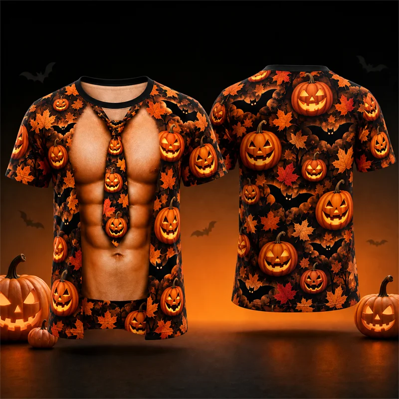 Halloween Gothic T Shirt Men 3D Muscle Body Pumpkin Raven Skull Potion Print Short Sleeve Horror Party Costume Streetwear Top