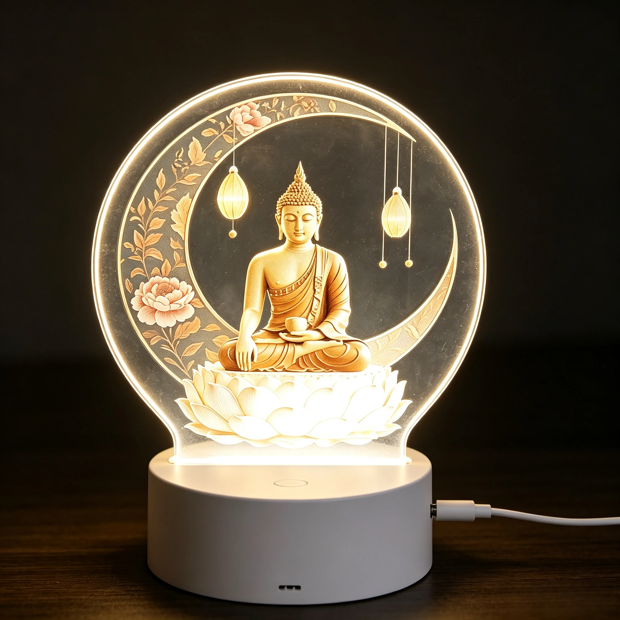 Acrylic Night Light, Zen Sitting Buddha Design, Placed on a Enormous White Lotus, LED Table Lamp - Home Decor Desk Lamp, Buddhist Theme - Powered Low Power Eye Protection Warm Light, Ideal for Indoor/Home/Office Decoration, Temple Zen Ornaments