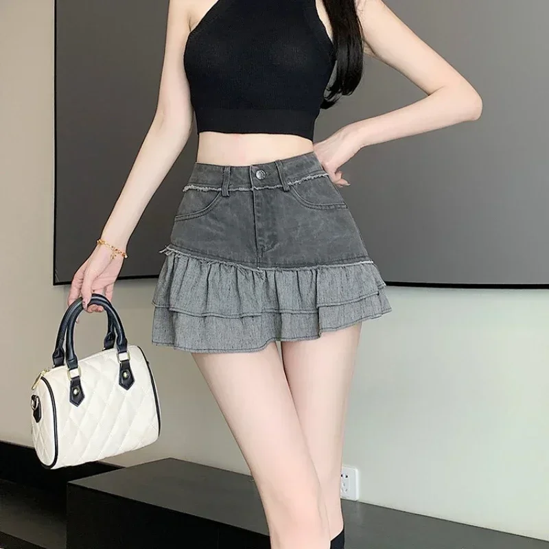 

Fashion 2025 New Denim Patchwork Ruffle Denim Skirts Women Summer Retro High Waist Slim Skirts Woman