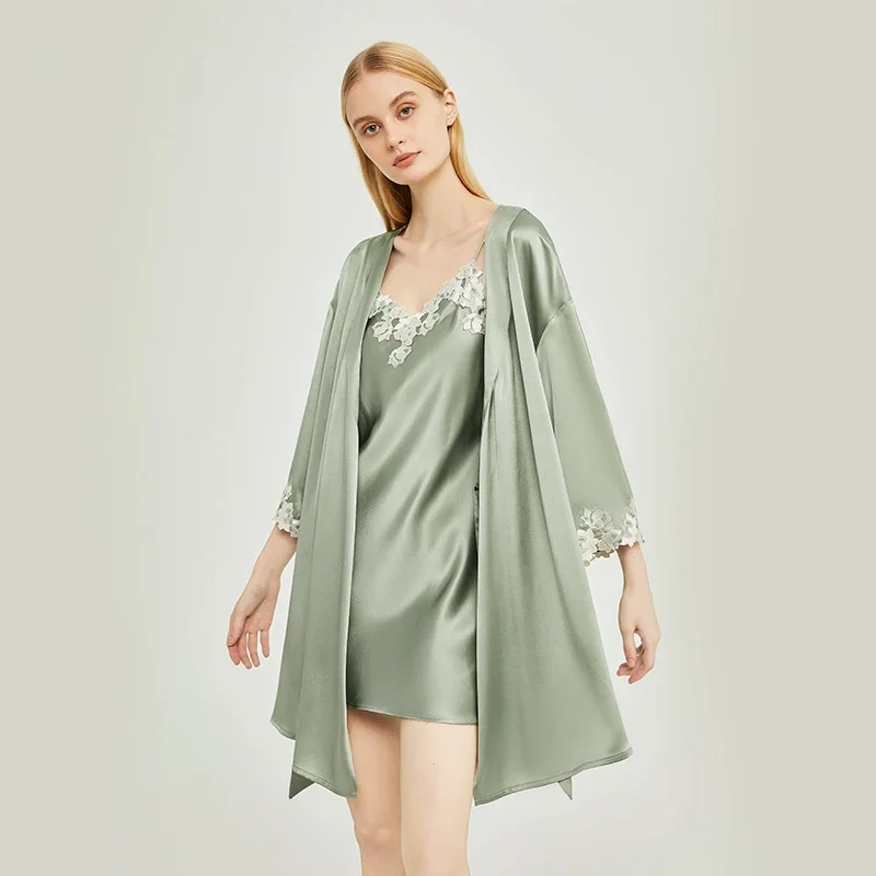 19MM 100% Mulberry Silk Robes Nightdress Pajamas Tie Up Bathrobe Slip Dress Short Kimono Robes Nightwear Sexy Chemise Sleepwear