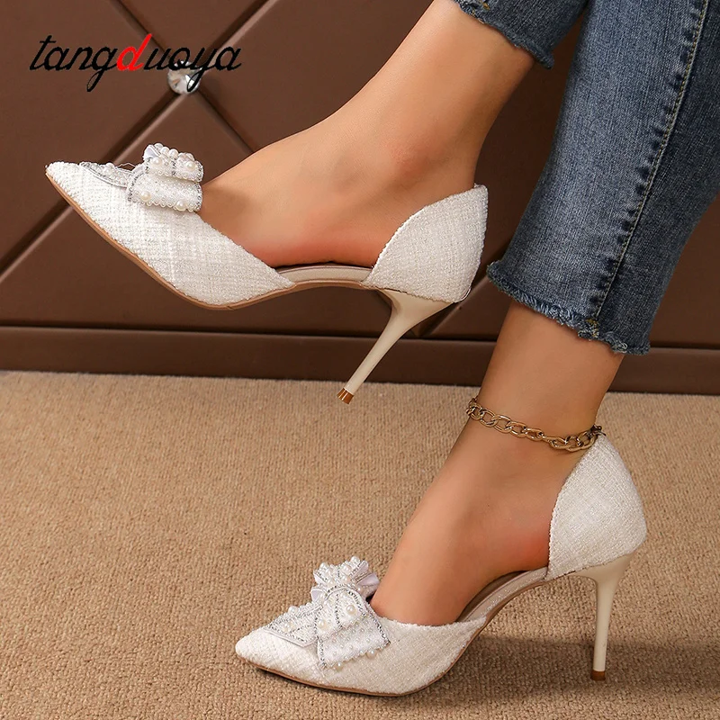 Luxury Women\'s Shoes Bow High Heels Stiletto Heels Wedding Shoes Pointed Head Side Empty Thin Shoes  Elegant Woman Single Shoes