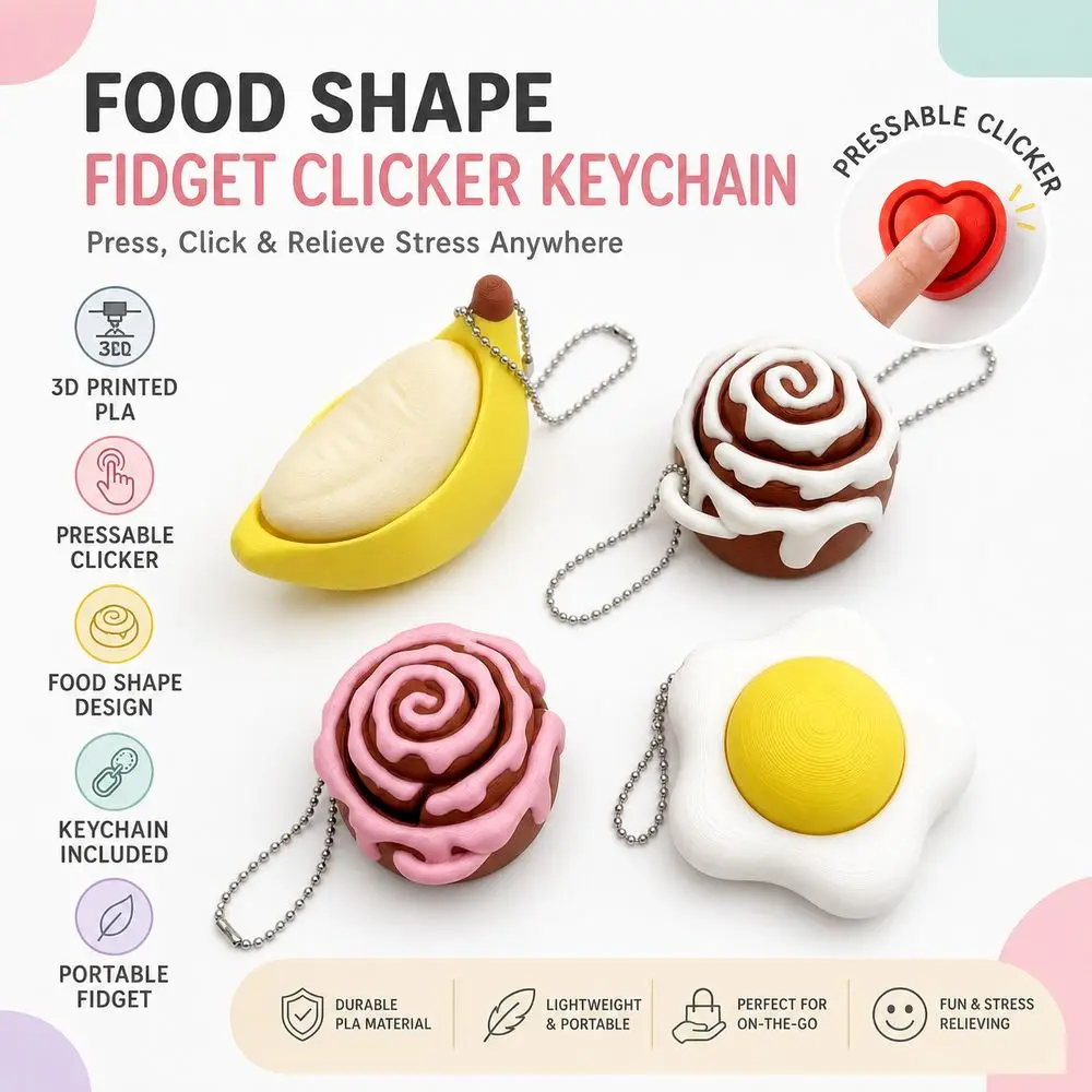 3D Printed Fidget Clicker Keychain Pressable Button Food Shape Button Clicker Toy Mechanical Click Sensory Fidget Toy