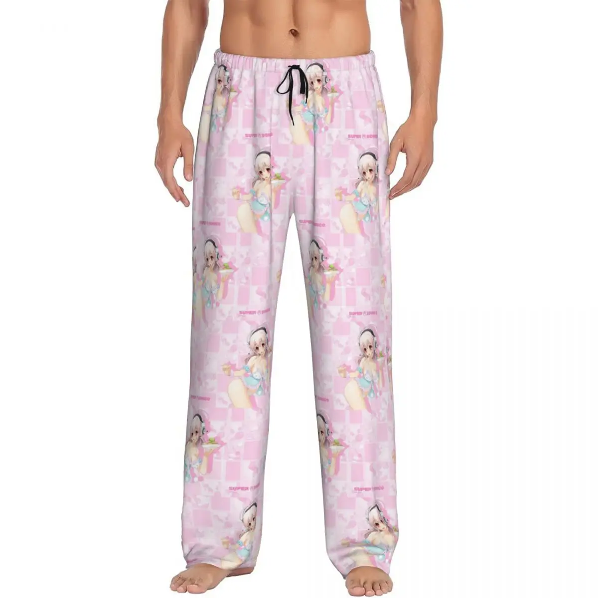 Custom Cartoon Super Sonico Game Cute Girl Pajama Pants Men Sleepwear Sleep Lounge Bottoms with Pockets