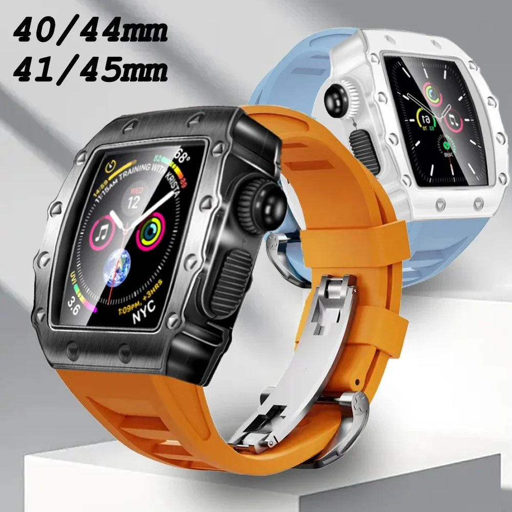 

Metal Case For Apple Watch 45mm 44mm 41mm 40mm Men Diy Modification Kit Rubber Band Strap For iWatch Series 8 7 6 SE 5 4 Mod Kit