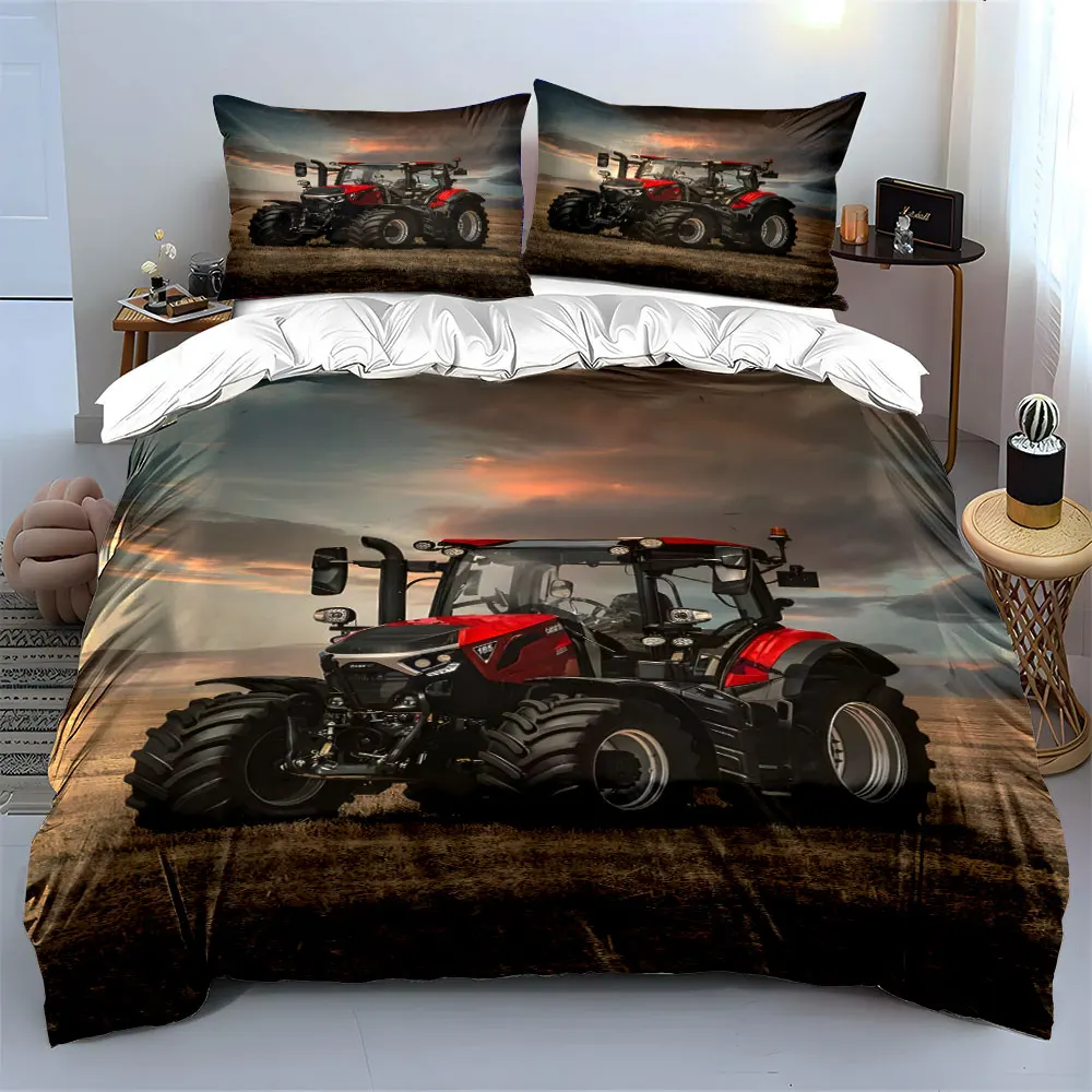 Red modern tractor parked in a field Print Bedding set 3PC 1 duvet cover 2 pillowcases adult and children bedding set Luxury