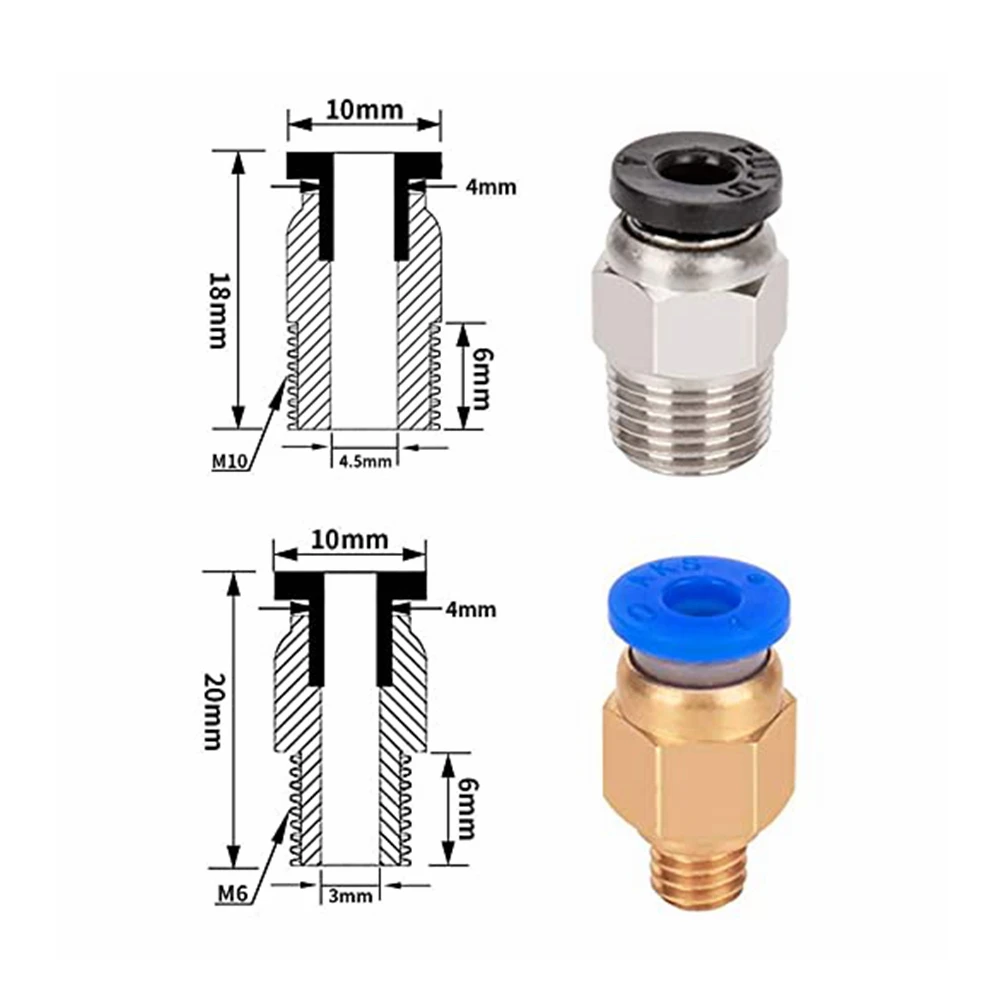 10 20 100PCS PC4-M6 Pneumatic Push In Fitting 4mm Tube M6 Thread Brass Quick Connector for 3D Printer Extruder Air Hose Parts