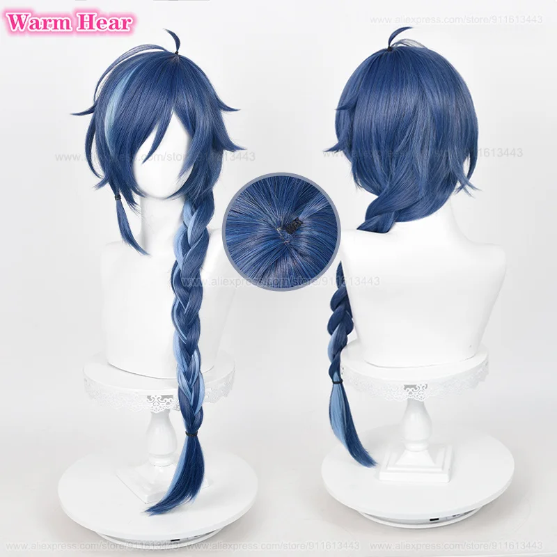 2 stili Kaeya parrucca Cosplay sintetica lunga 85cm/80cm parrucche treccia blu scuro con orecchino parrucche Cosplay in fibra resistente al calore