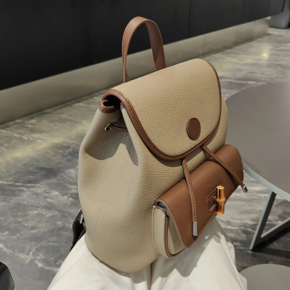 New Fashion Trend Backpack Versatile First Layer Cowhide Splicing Contrasting Color Backpack Women's Large-capacity Travel Bag