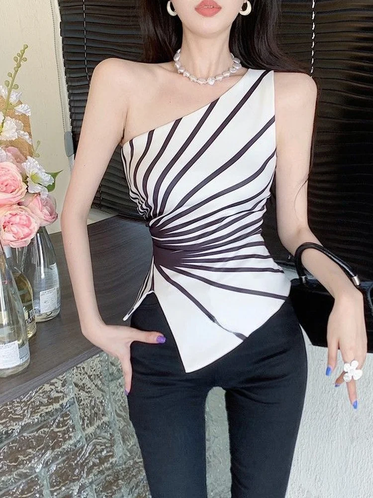 Y2k Sleeveless Irregular Tank Top Women Sexy Skinny Striped Design Corset Stretch Tube Streetwear 2024 Summer One Shoulder Tanks