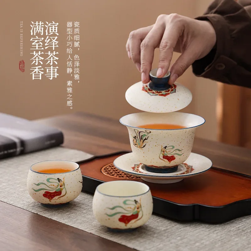 Dunhuang Feitianyan Mine White One Pot Two Cup Kung Fu Tea Set Gift Box Set Ceramic Three-Cai Covered Gaiwan Bowl Tea Cup Gift