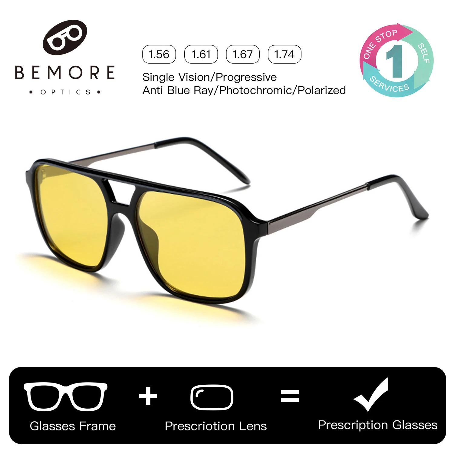 

BEMORE Pilot Stylish Prescription Frames Men Sunglasses Acetate Polarized UV400 Sunscreen Graduated Lenses Optical Glasses