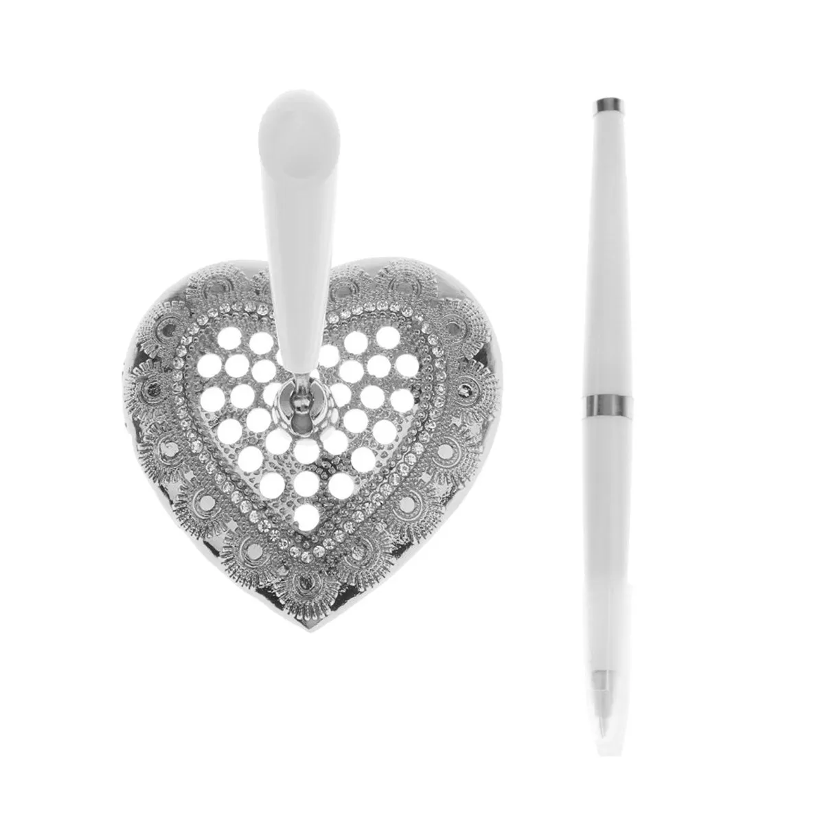 Silver Love Heart Shaped Table Pen Elegant Signature Holder for Wedding Engagement Gift Package Decoration