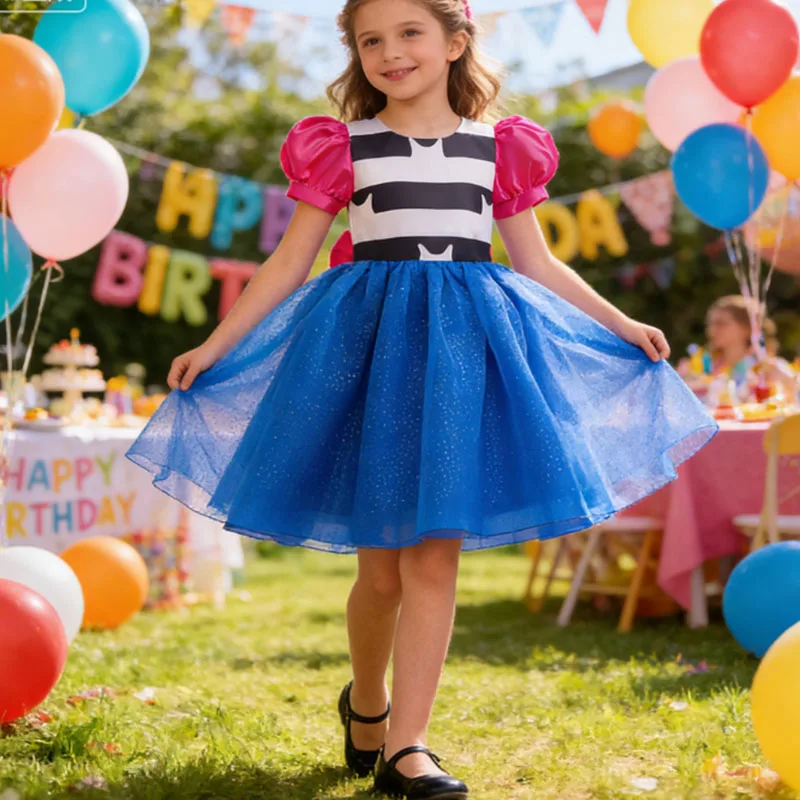 Kleines Mädchen Karnevalskleid Gestreiftes Cosplay-Kostüm Cartoon-Katzen-Prinzessinnenkleid Kinder Puffärmel Schleife Geburtstagsparty-Kleid