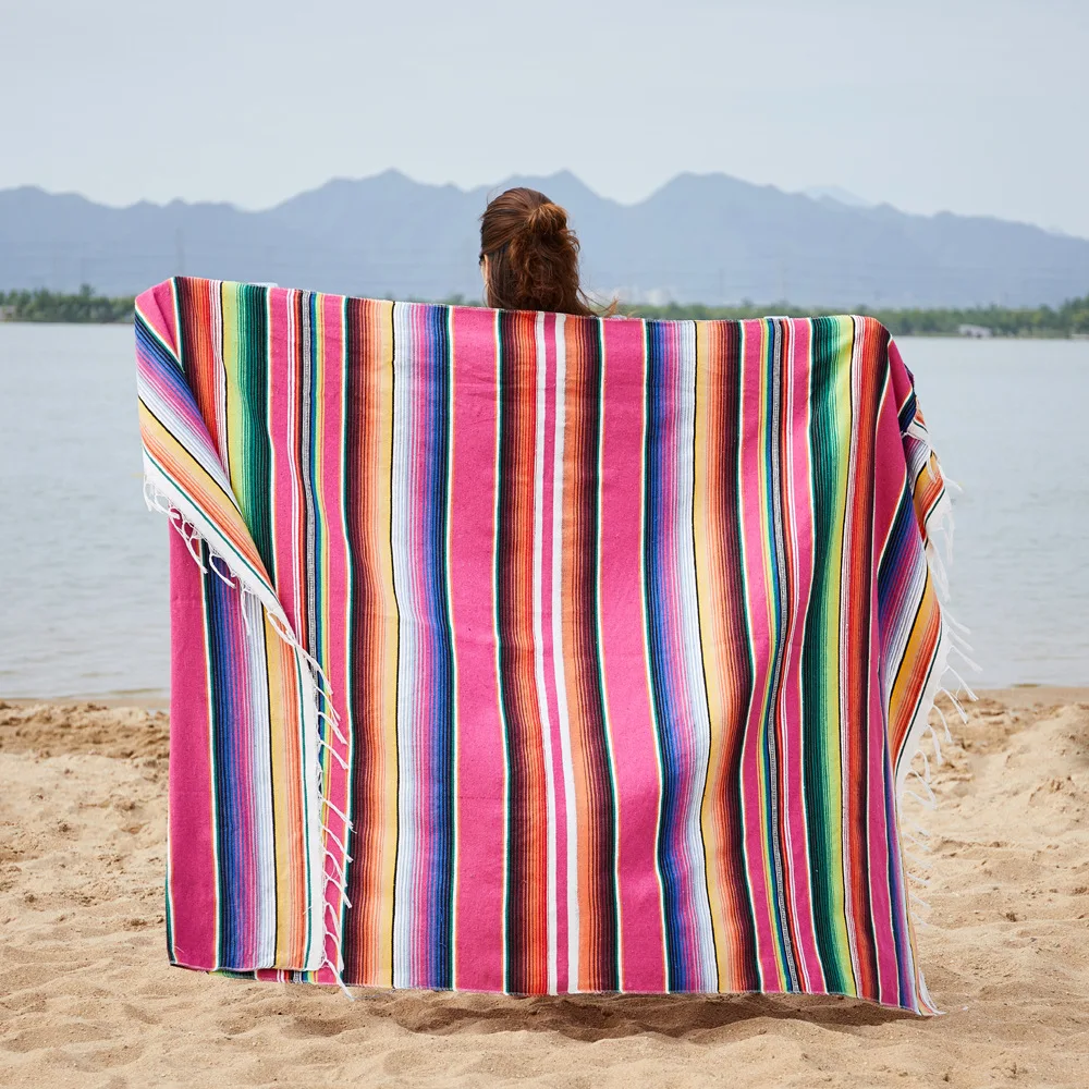 American Mexican Rainbow Striped Blanket, Cotton Party Table Runner, Sofa Cobertor, Hanging Tapestry, Bed, Plane, Tassel, Travel