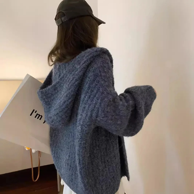 

Loose Lazy Style Top Pure Color Long Sleeve CoatThickened Knitted Hooded Open Cardigan Sweater Women's Autumn Winter