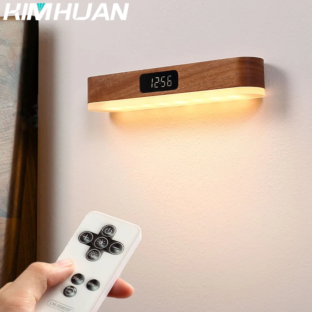 

Wooden Clock Light Remote Control Clock Light Minimalist Wood Night Light Living Room Bedroom Bedside Lamp Magnetic Wall Lamp