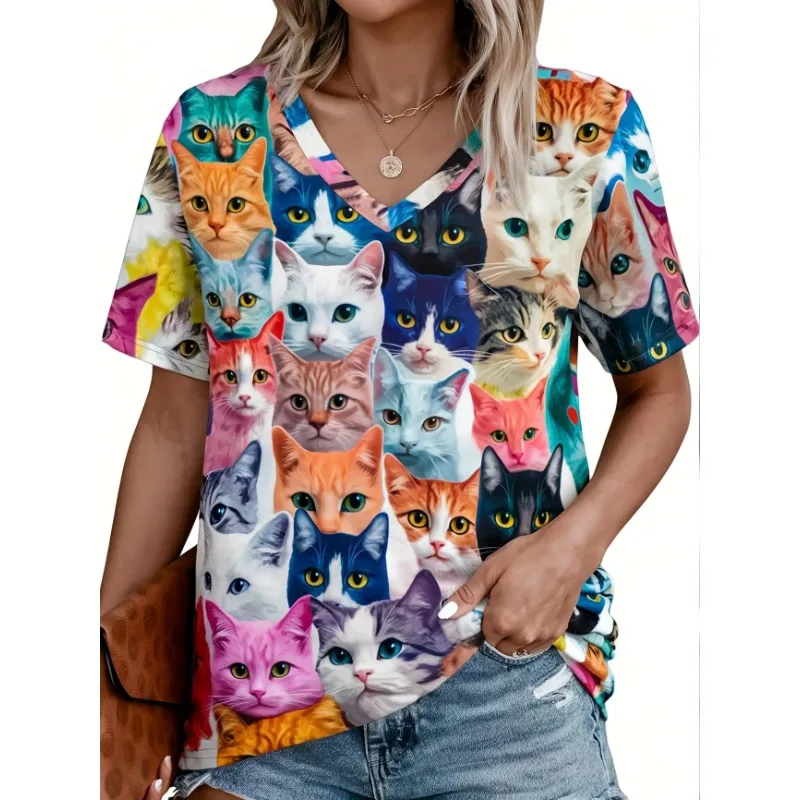 

Plus Size New Summer Women's Casual V-Neck T-Shirt Women A Colorful Cat Print Fashionable Made of Soft and Comfortable T-shirt