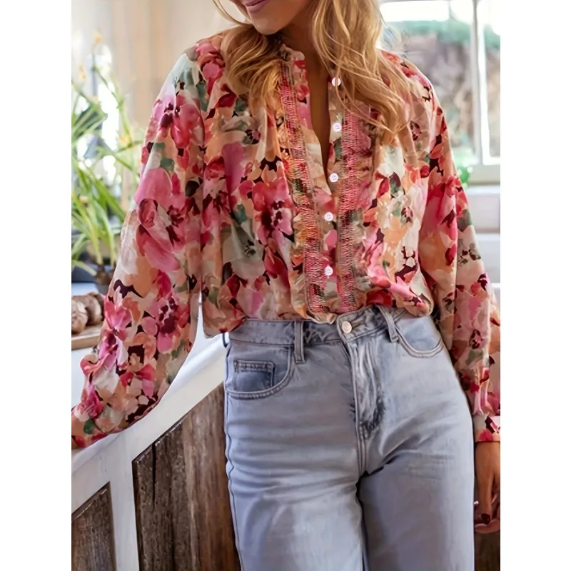 Camisa con estampado Floral, blusa de gasa, Tops de otoño para mujer, camisa Vintage holgada elegante de encaje empalmado, camisa coreana elegante, Tops con cuello redondo