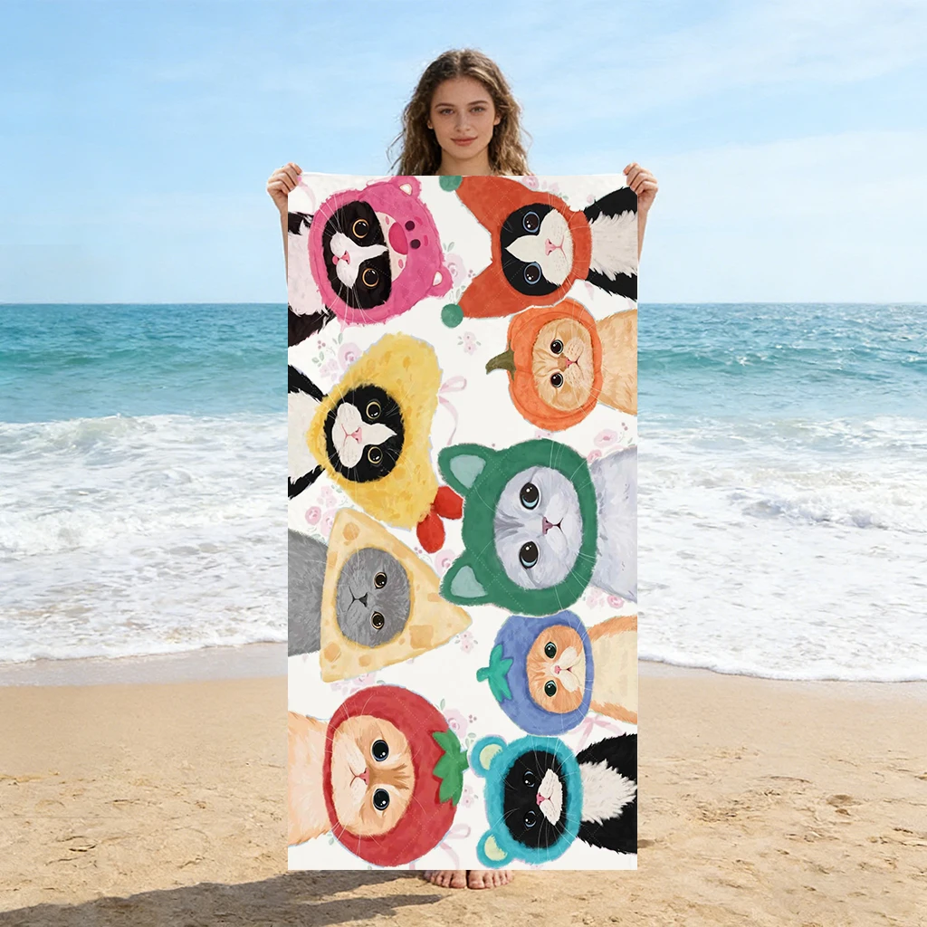 Cute Cat Print Beach Towel, Funny Cat in Fruit & Animal Hats Bath Towel, Soft Microfiber Towel for Swimming, Travel, Camping