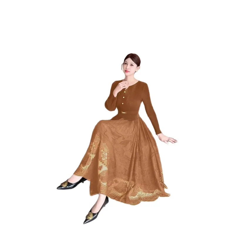 Miyake Pleated Dresses 2026 Spring New Pleated Fashion Flowers Big Size Dress Loose Thin Temperament Elegant Lace Long Skirt