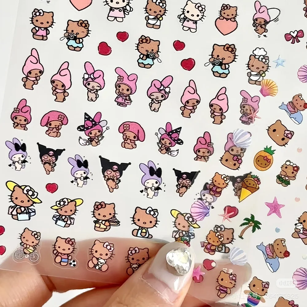 1pcs Black Skin Hello Kitty Kawaii Nail Art Stickers 5D Hawaii Vacation Style Fashion Cartoon Japanese Anime Nail Decals Sticker