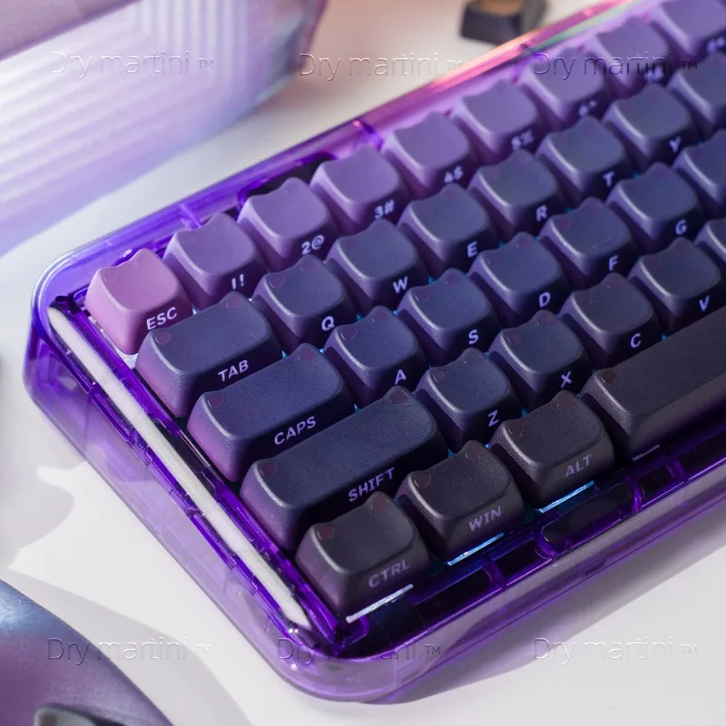 Dark Purple Cute Cat Ear Transparent Keycaps PBT Thermal Sublimation Side Print MAO Profile Mechanical Keyboard Accessories