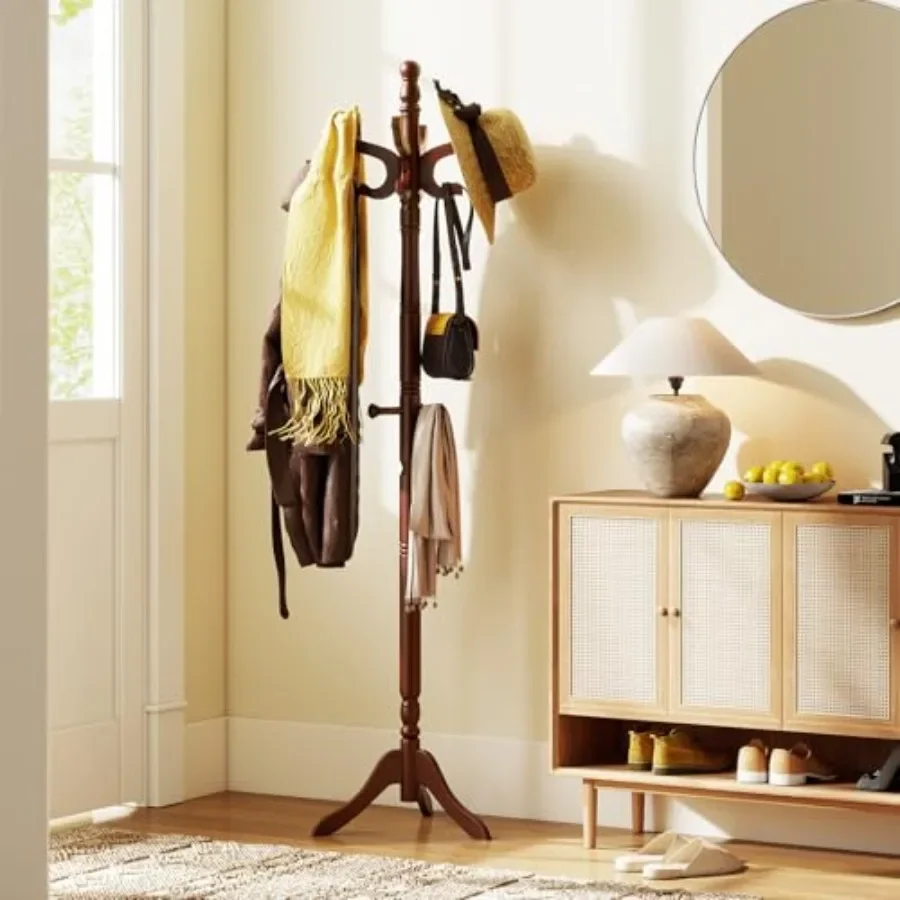 Freestanding coat rack for entryway, hallway, bedroom, office; solid rubber wood; reddish brown; 11 hooks, 3 height options, st