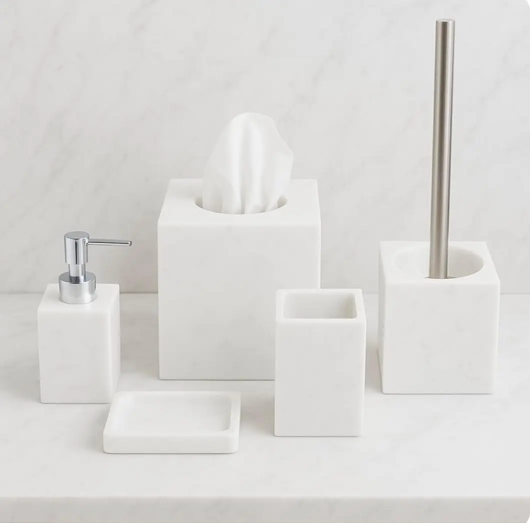 

5-Piece Faux Marble Bathroom Set with Soap Dispenser, Toothbrush Holder, Tissue Box, Toilet Brush, and Soap Dish