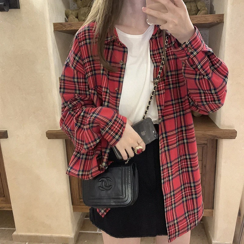 MEXZT Vintage Plaid Shirts Women Streetwear Harajuku Oversized Blouses S-3Xl Korean Long Sleeve Basic Casual All Match Tops New