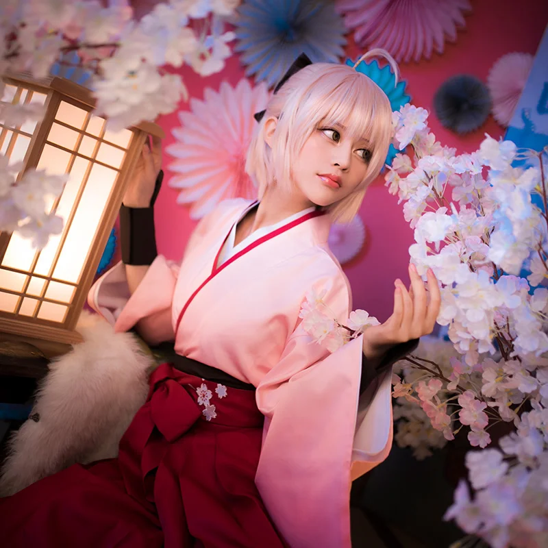 

Anime FGO Fate Grand Order Sakura Saber Okita Souji Kendo Uniform Cosplay Costume Full Set Kimono Halloween Outfit